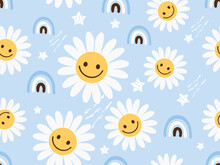 Seamless Pattern With Daisy Flower Cartoons, Rainbows And Stars On Blue Sky Background Vector.