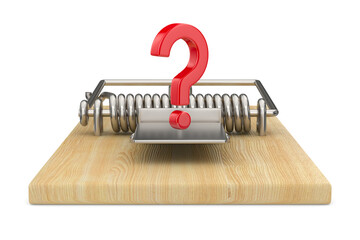Wall Mural - mousetrap and question on white background. Isolated 3D illustration