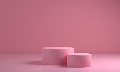 Blank podium for product . Mock up winner podium two cylinders block, 3d render illustration, pedestal isolated on pink background, abstract minimal concept