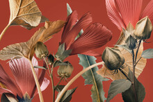 Brown Foliage And Red Flowers On A Red Background, Abstract Botanical Composition.