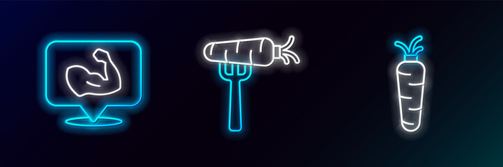 Sticker - Set line Carrot, Bodybuilder muscle and on fork icon. Glowing neon. Vector