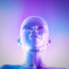 Wall Mural - female artificial intelligence dawn - 3d illustration of beautiful science fiction chrome robot girl