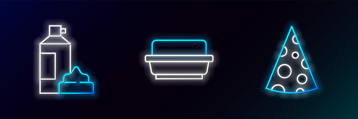 Sticker - Set line Cheese, Whipped cream in bottle and Butter butter dish icon. Glowing neon. Vector