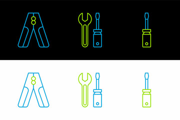 Sticker - Set line Screwdriver, Car battery jumper power cable and and wrench spanner icon. Vector