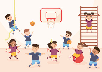 Sticker - Children Engaged in Physical Education Doing Various Sports During Class at School Vector Illustration