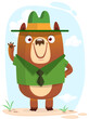 Cartoon funny bear scout ranger wearing green hat. Vector illustration isolated