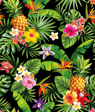 Tropical Seamless Pattern With Pineapples, Palm Leaves And Exotic Flowers. Floral Design On A Black Background. Vector Illustration.