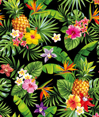 Wall Mural - Tropical seamless pattern with pineapples, palm leaves and exotic flowers. Floral design on a black background. Vector illustration.