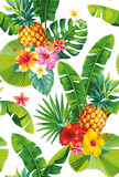 Fototapeta Pokój dzieciecy - Tropical seamless pattern with pineapples, palm leaves and exotic flowers. Floral design on a white background. Vector illustration.