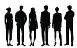 Vector silhouettes of men and a women, a group of standing business people, students, black color isolated on white background