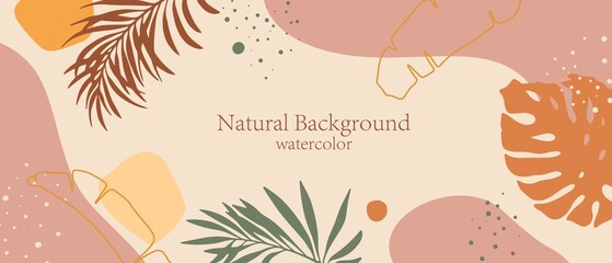 Wall Mural - Summer background with exotic leaves and abstract forms. Design for banner, cover, branding, card.