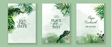 Set Of Elegant Cards In Green ,white,  Golden Colors. Watercolor Spots, Palm Leaves, Gold Lines, Splatters. Wedding Invitation, Cover, Packaging, Place For Text, Frame Design.