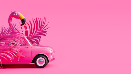Wall Mural - Pink retro car with pink flamingo ready for summer vacation 3D Rendering, 3D Illustration