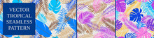 Set 8, Seamless Patterns With Tropical Exotic Palm, Banana And Monstera Leaves, Vector Contemporary Collage In Blue And Purple Colors