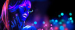 © Subbotina Anna - Neon Woman dancing. Fashion model girl in neon light, portrait of beautiful model with fluorescent make-up, Night club. Disco dancer posing in UV, colorful make up. On bright background