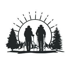 hiking couple illustration clip art design shape. mountains silhouette icon vector.