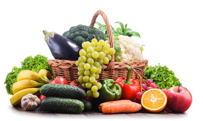 Composition with assorted organic vegetables and fruits