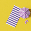 Flat lay summer vacation with beach towel, umbrella, chair and inflatable ring on yellow background. 3d rendering  