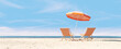 Beach umbrella with chairs on beach sand. summer vacation concept. 3d rendering