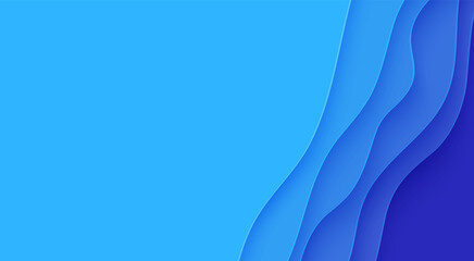 Wall Mural - Abstract background with water waves in paper cut style. 3d wallpaper with cut out deep wavy modern cover. Blue color layers with smooth shadow papercut art. Vector illustration, origami shapes
