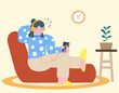 © dodotone - Young adult woman sit on sofa wear headphone listen to music or podcast with mobile phone relax in cozy room space