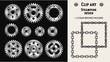 Set with monochrome detailed vintage design elements. Silver gears, metal chains pattern brushes, rivets on black, white background. Isolated vector illustration. Steampunk style