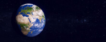 Panoramic View Of The Earth And Galaxy. Blue Planet. The World Globe From Space. Showing The Continents Of Europe And Africa. 3D Rendering Illustration. Elements Of This Image Furnished By NASA.