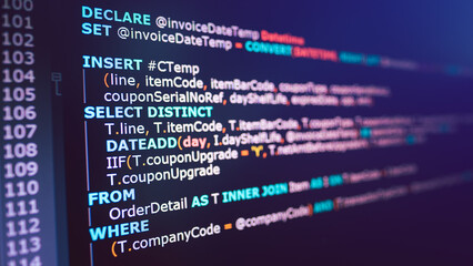 Wall Mural - sql (structured query language) code on computer monitor. example of sql code to query data from a d