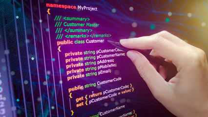 Wall Mural - c sharp programming language source code example on monitor, c# source code.