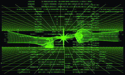 Fototapete - 3D laser perspective grid and two low-poly hands going to touch together.Synthwave the 80's like style vector illustration.
