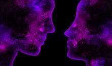 Purple Space Man And Woman Look At Each Other On A Black Background