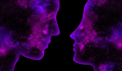 Wall Mural - Purple space man and woman look at each other on a black background