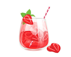 Wall Mural - Strawberry cocktail. Fresh summer cocktail with strawberries, ice cubes and mint.Vector illustration.The concept of drinks.