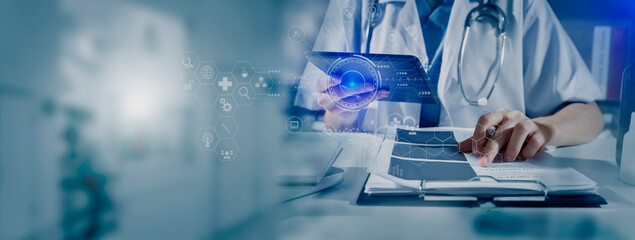 Medicine doctor using digital healthcare and network connection on hologram modern virtual screen interface icons, Medical technology futuristic concept.