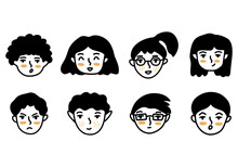 Collection Of Young Girls And Guys With Different Facial Expressions. Black And White Vector Isolated Illustration Set Hand Drawn. Student Or Teenager Doodle. Gloom And Surprise, Laughter