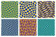 Optical illusion seamless patterns set of colored moving shapes. Psychedelic fabric swatches design.
