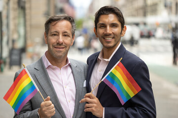 Sticker - LGBTQ same sex gay men couple on city street smiling happy 