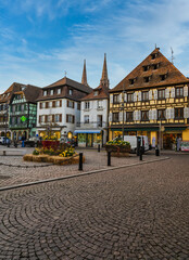 Wall Mural - Obernai streets with beautiful historical german architecture colorful houses during spring