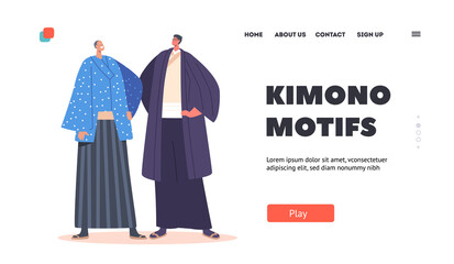 Wall Mural - Kimono Motifs Landing Page Template. Asian Senior and Young Characters Wear Traditional Dress. Men in National Clothes