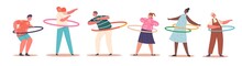 Set Of Children Male Or Female Characters Exercising With Hula Hoop Rolling On Waist. Summertime Recreation