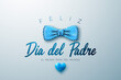 Happy Father's Day Greeting Card Design with Dotted Blue Bow Tie and Heart on Light Background. Feliz Dia del Padre Spanish Language Vector Illustration for Dad. Template for Banner, Flyer or Poster.