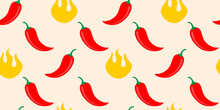 Vector Seamless Pattern Of Chilli Pepper With Fire.