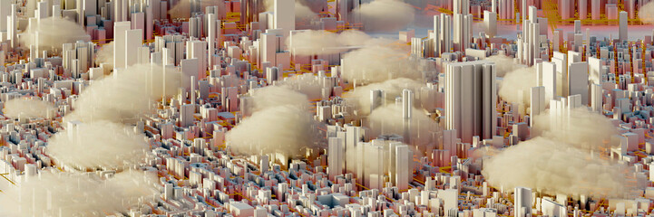 Leinwandbilder - Scattered clouds on the mega city; urban and futuristic technology concepts, original 3d rendering