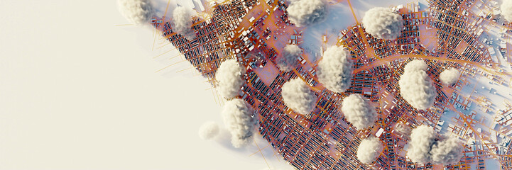 Leinwandbilder - Scattered clouds on the mega city; urban and futuristic technology concepts, original 3d rendering