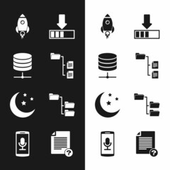 Wall Mural - Set Folder tree, Server, Data, Web Hosting, Rocket ship with fire, Loading, Moon and stars and icon. Vector