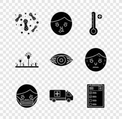 Sticker - Set Bacteria, Runny nose, Medical digital thermometer, Face in protective mask, Emergency car, Clinical record, Mold and Reddish eye allergic conjunctivitis icon. Vector