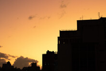 Beautiful Orange Sunset And Silhouette Of Buildings, City Center Of Sao Paulo, Brazil.