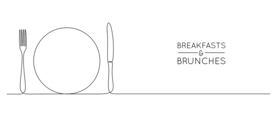Aufkleber - One continuous line drawing of food tools. Plate Fork and Knife for decoration restoran menu in simple linear style. Hand drawn sign or banner cafe. Editable stroke. Doodle vector illustration