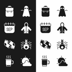 Sticker - Set Raincoat, September calendar autumn, School backpack, Ghost, Socks, Spider, Sun and cloud weather and Cup of tea icon. Vector