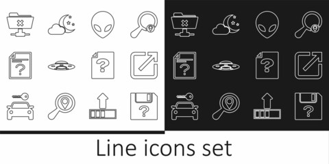 Sticker - Set line Unknown document, Open in new window, Alien, UFO flying spaceship, FTP cancel operation, and Cloud with moon and stars icon. Vector